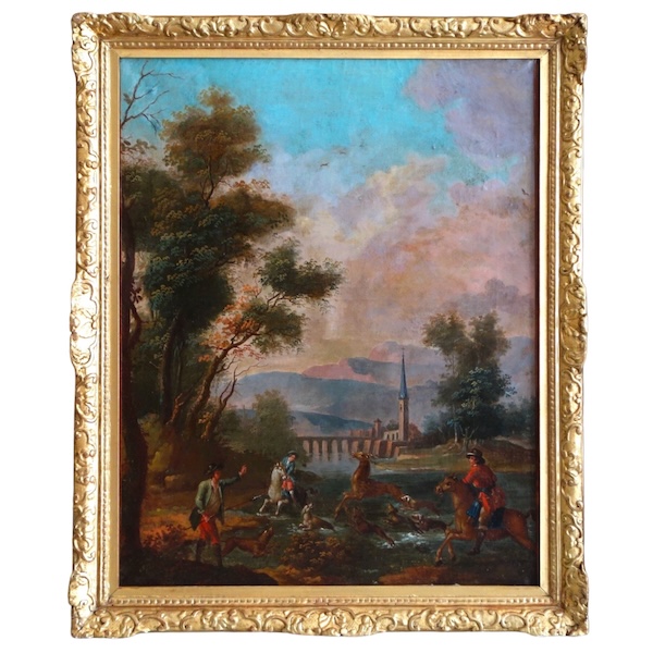 18th century French school, stag-hunting scene - oil on canvas -  90cm x 74cm