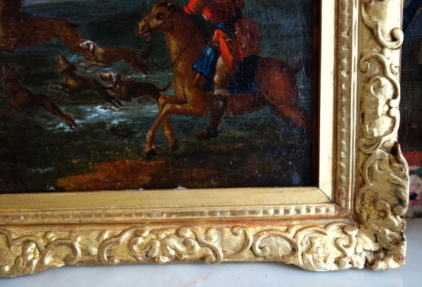 Ecole Française du XVIIIe siècle, scène de chasse à courre - le Bât l'Eau - HST 90cm x 74cm