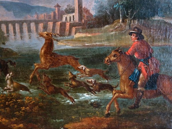 Ecole Française du XVIIIe siècle, scène de chasse à courre - le Bât l'Eau - HST 90cm x 74cm
