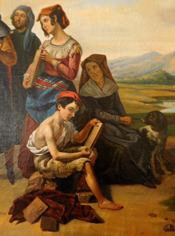 Ecole du XIXe siècle, grande huile sur toile : Cimabue et Giotto ou l'enfance de Giotto