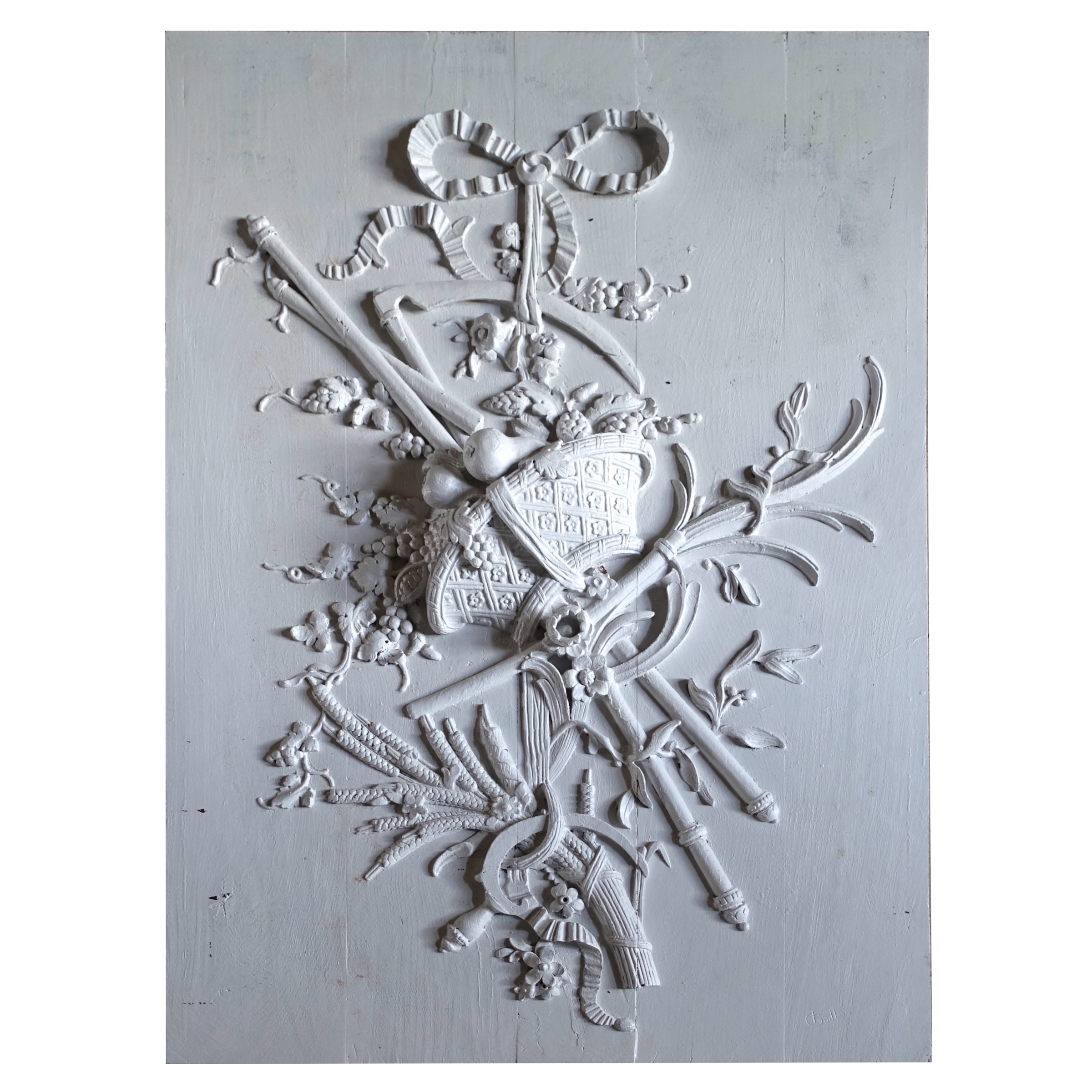 Panneau de boiserie dessus de porte Louis XVI en trophée - chêne massif finement sculpté relief