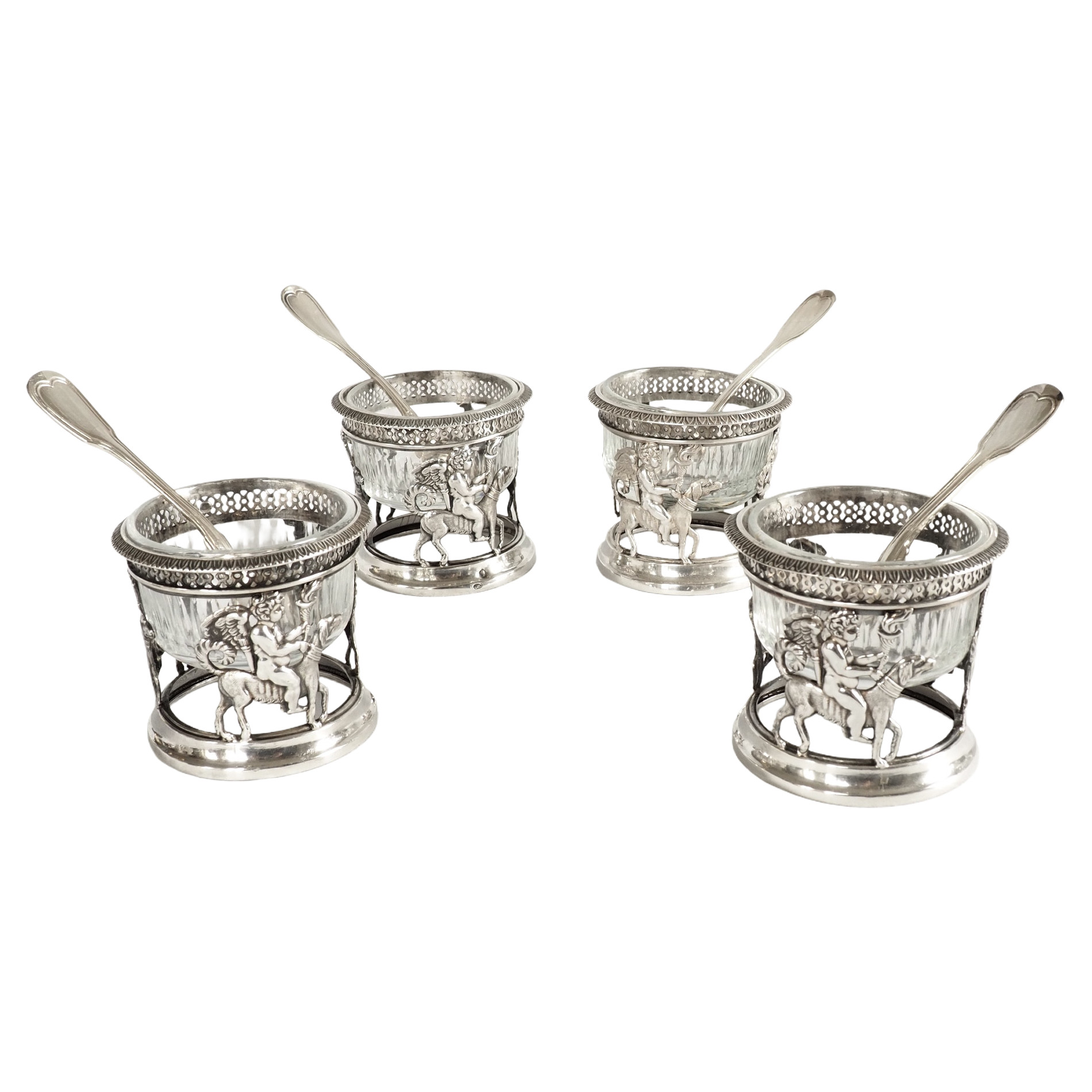 Suite de 4 salerons / salières Empire en argent massif - allégorie de l'amour fidèle - poinçon Coq