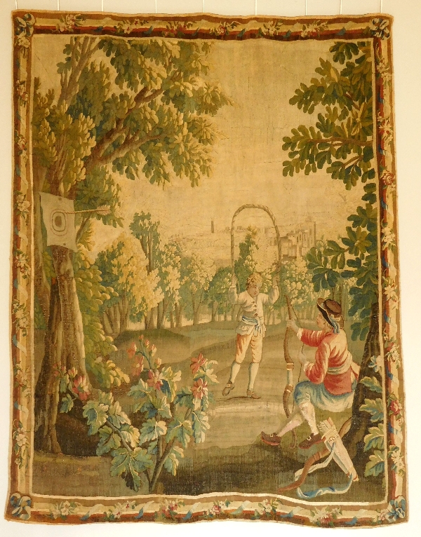 Détail — Tapisserie d'Aubusson polychrome, laine et soie, jeux dans le parc, époque Louis XVI 160cm x 200cm