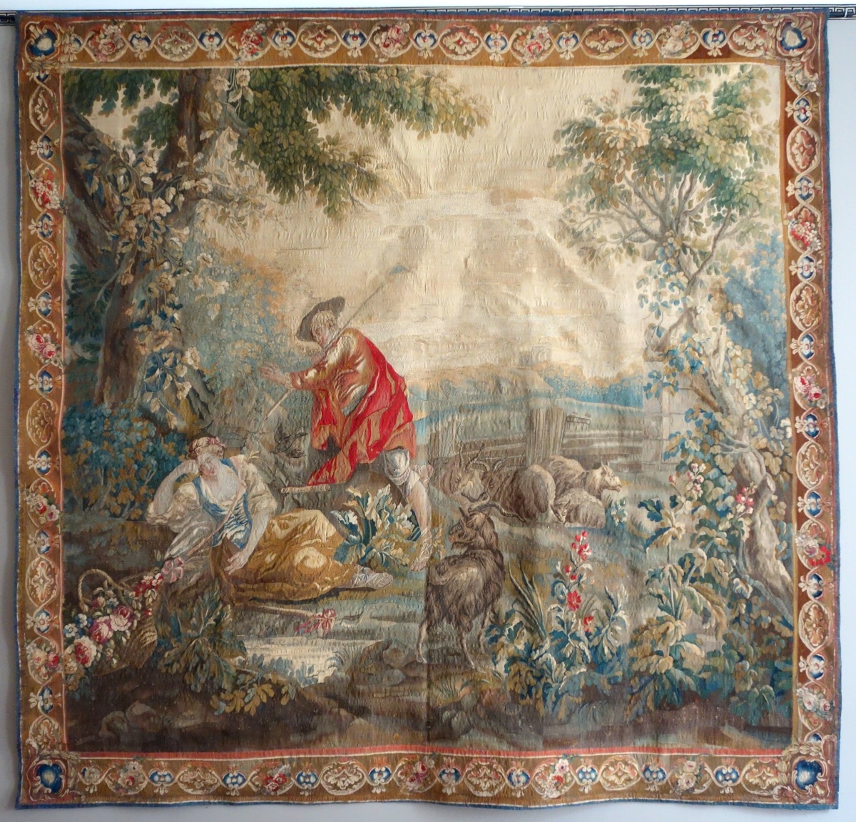 Détail — Tapisserie d'Aubusson polychrome, laine & soie, scène galante, milieu XVIIIe siècle - 248cm x 256cm