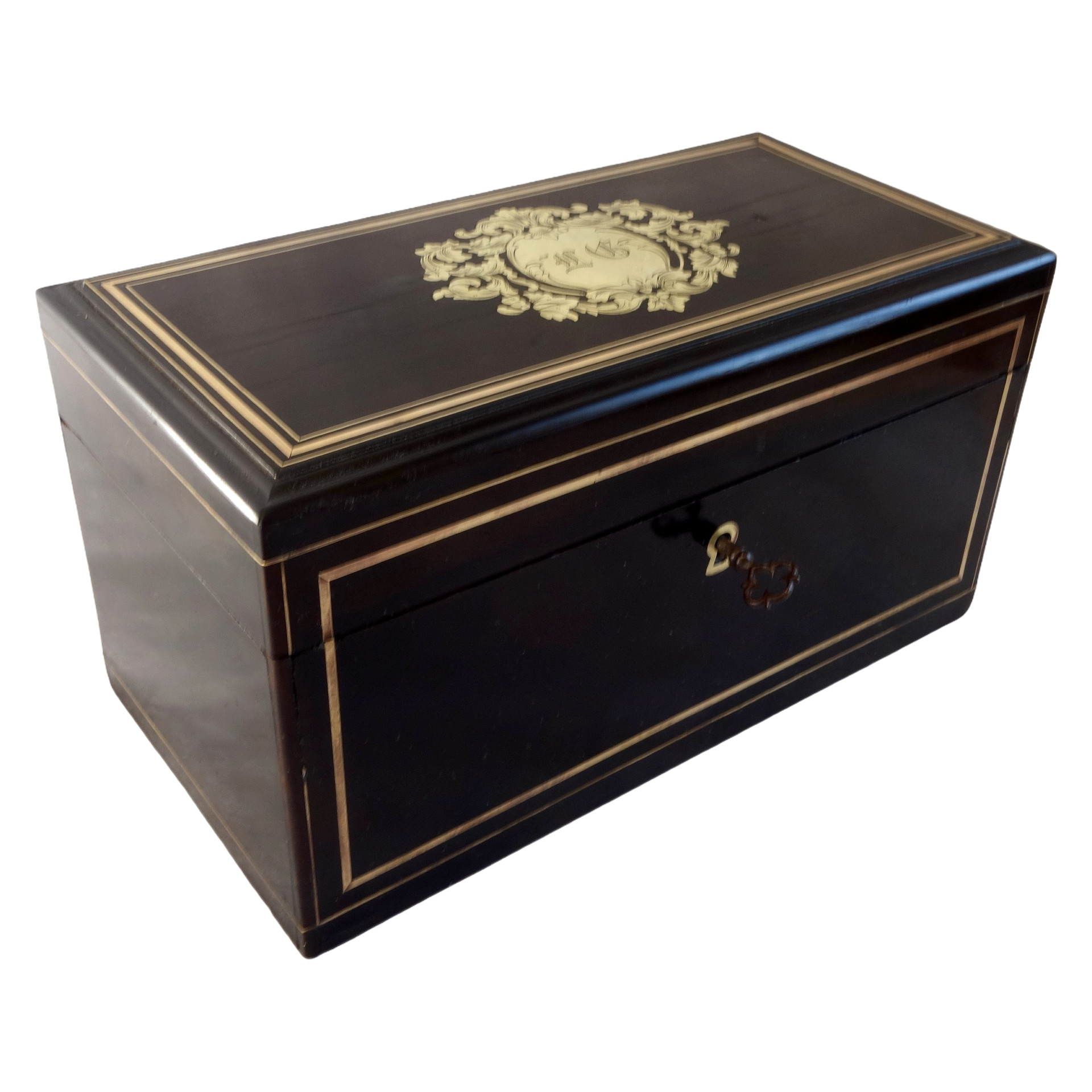 Boîte à thé en bois noirci et marqueterie de laiton - époque Napoléon III