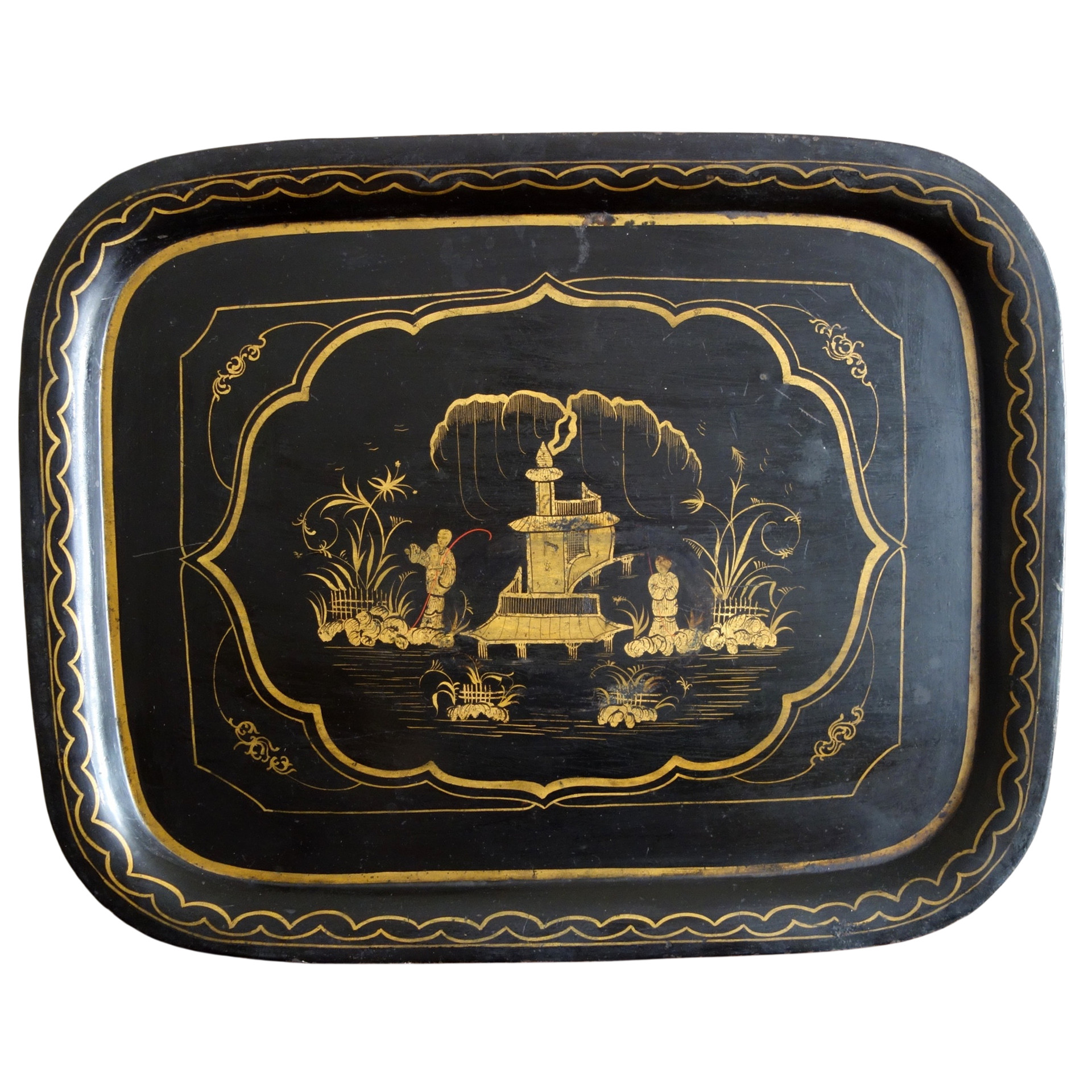 Lacquered sheet metal tray, oriental style gilt patterns, Napoleon III period - 67cm x 53cm