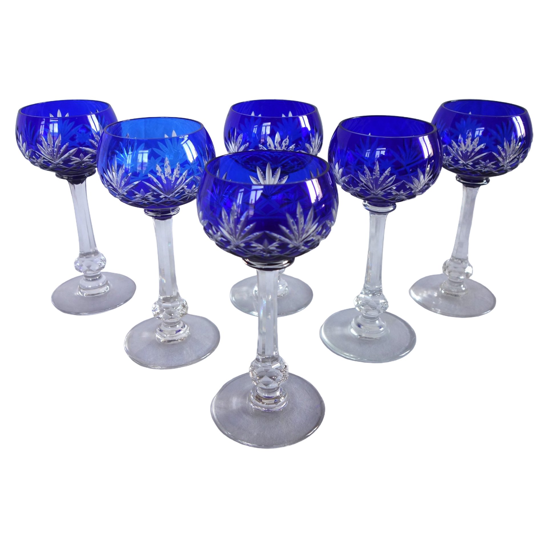 6 verres à vin du Rhin / roemers en cristal de St Louis, modèle Massenet overlay bleu cobalt