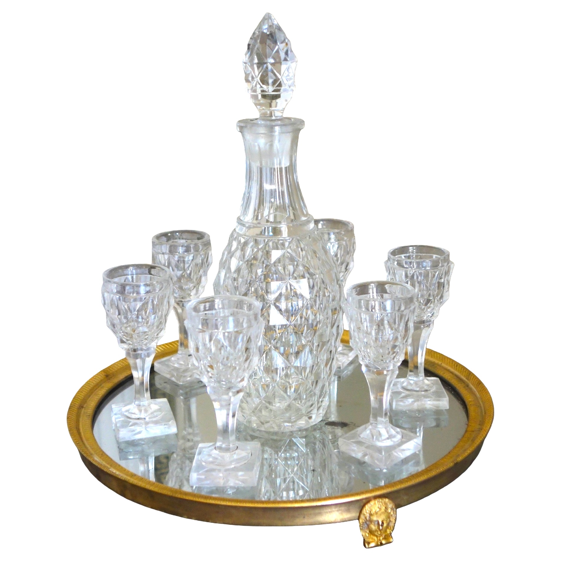 Empire Le Creusot crystal liquor set, ormolu framed tray