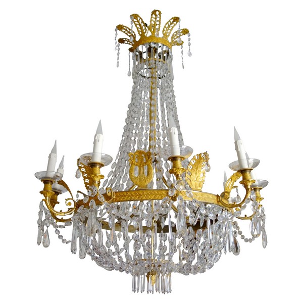 Grand lustre corbeille en cristal et bronze doré au mercure, époque Empire, 10 lumières