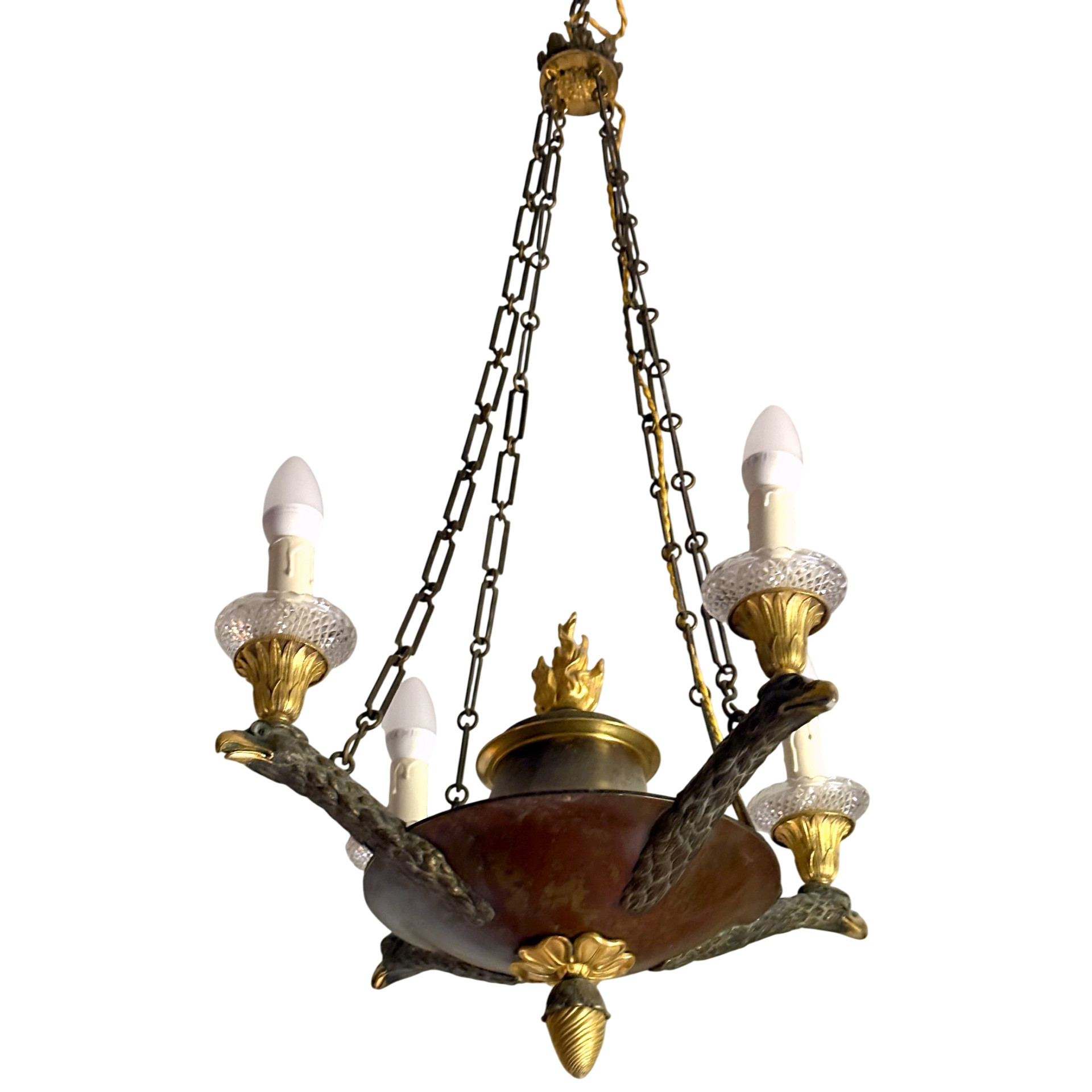 Lustre Empire aux aigles en bronze patiné et doré au mercure, époque début XIXe, 4 feux