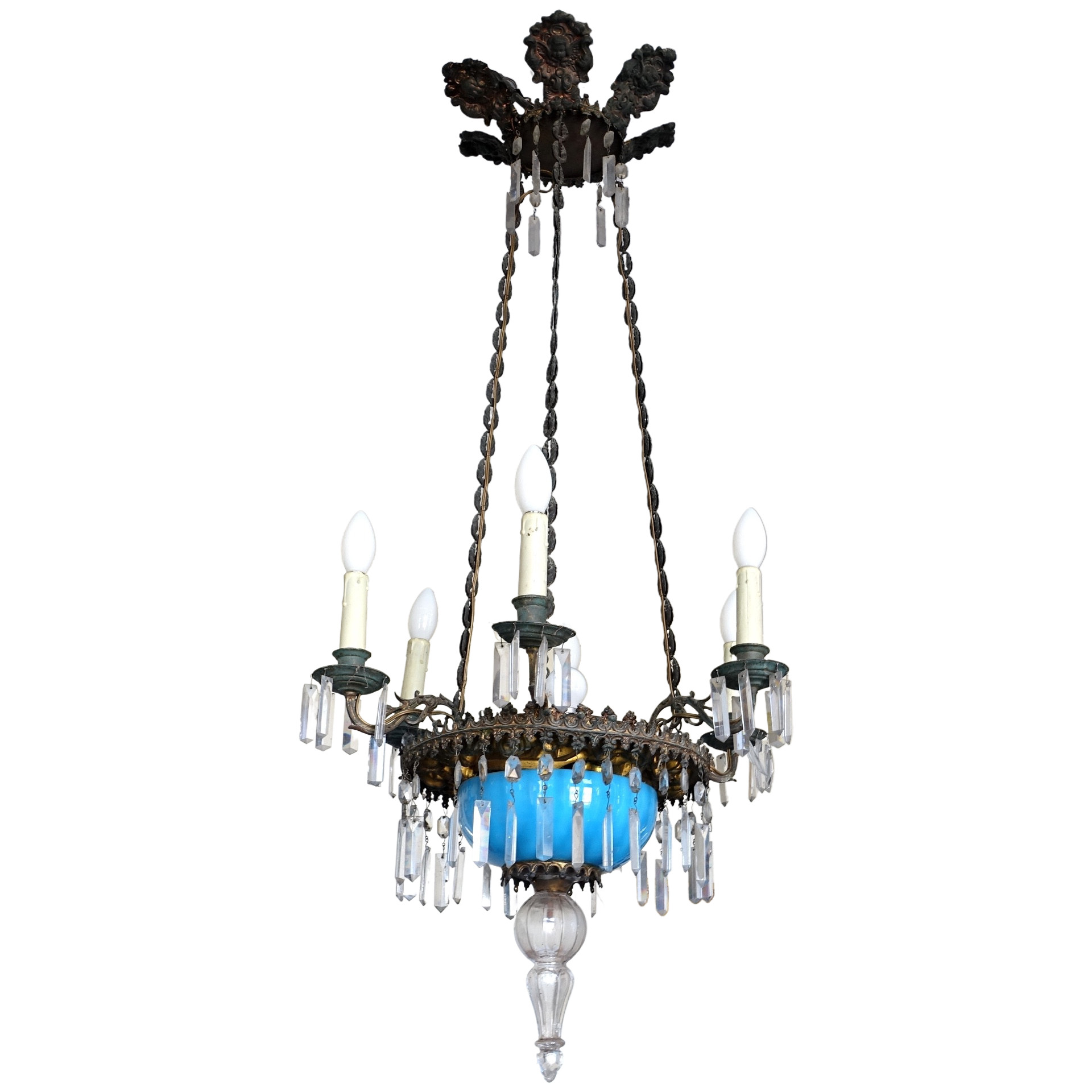 Lustre en cristal de Baccarat et opaline bleue, époque Napoleon III
