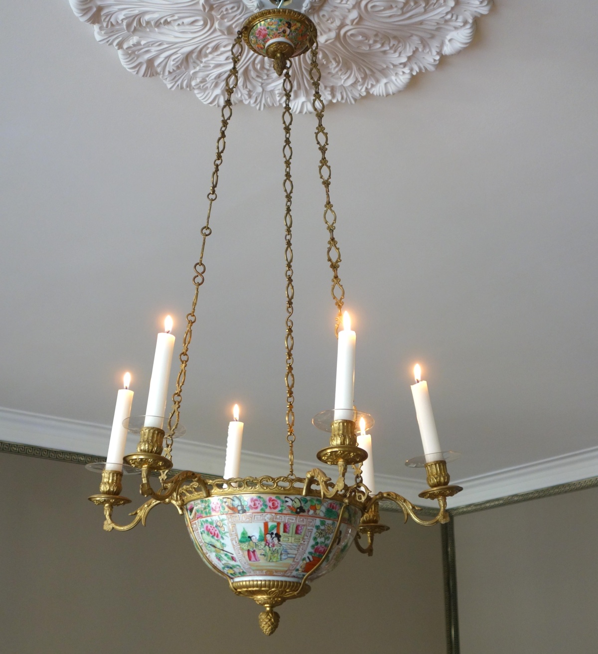 Detail — Canton porcelain and ormolu ceiling light - China, 19th century