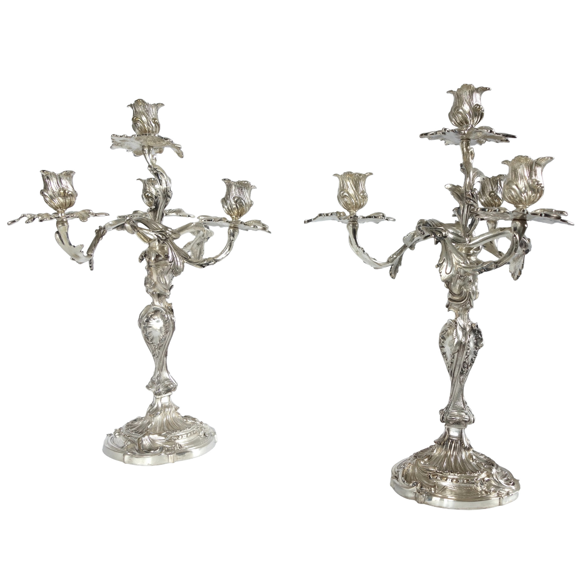 Pair of tall silverplated bronze Louis XV style candelabras after Meissonnier