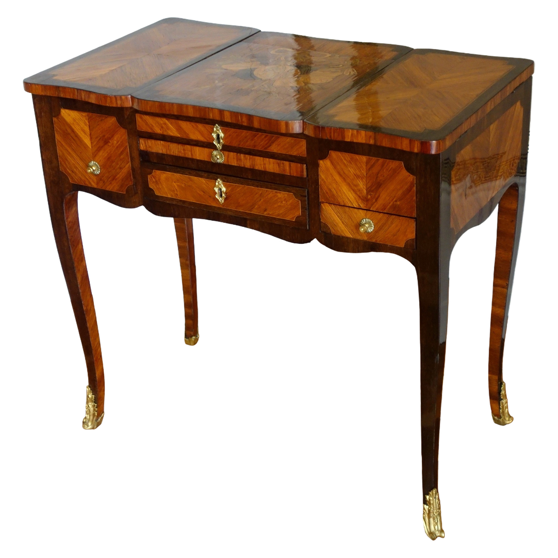 Table coiffeuse d'époque Louis XV Transition en marqueterie, travail Parisien du XVIIIe