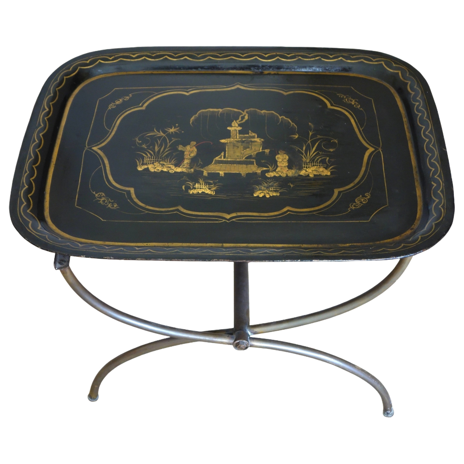 Grand plateau Napoléon III en tôle laquée monté table basse Madeleine Castaing