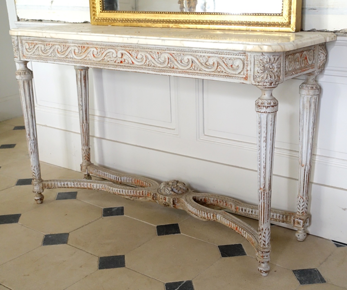 Détail — Console desserte de vestibule d'époque Louis XVI, bois patiné et marbre