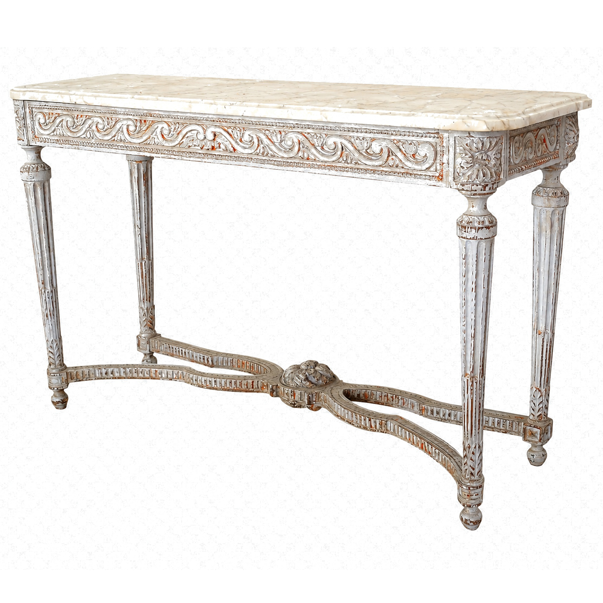 Console desserte de vestibule d'époque Louis XVI, bois patiné et marbre