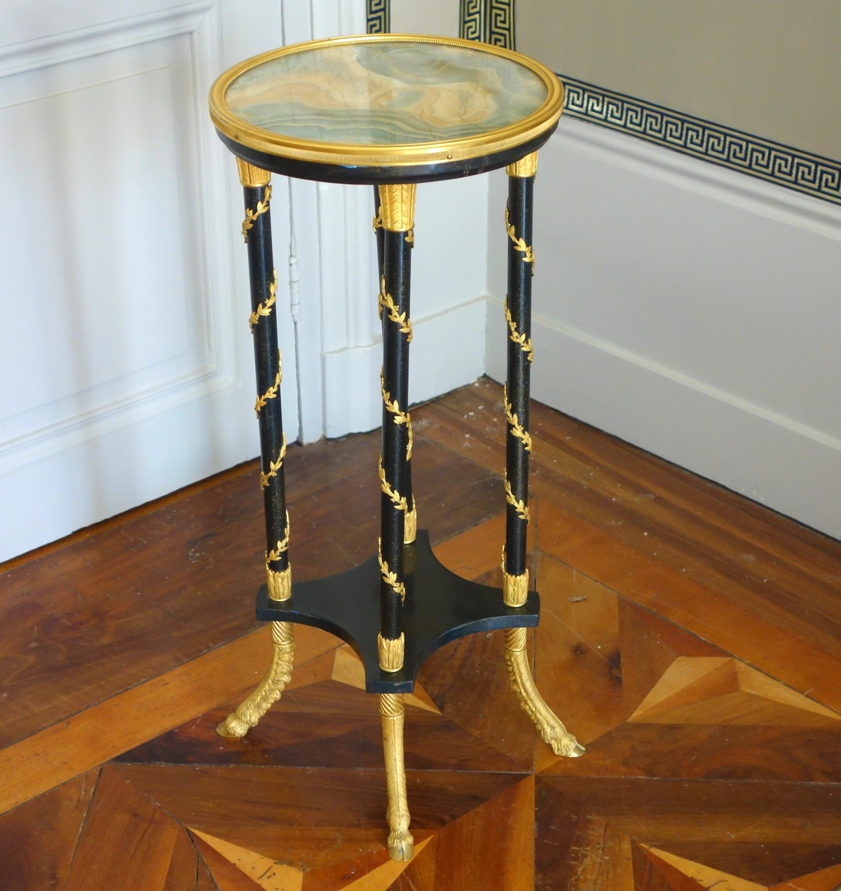 Detail — Louis XVI style lacquered wood and ormolu pedestal table after of Weisweiler circa 1880
