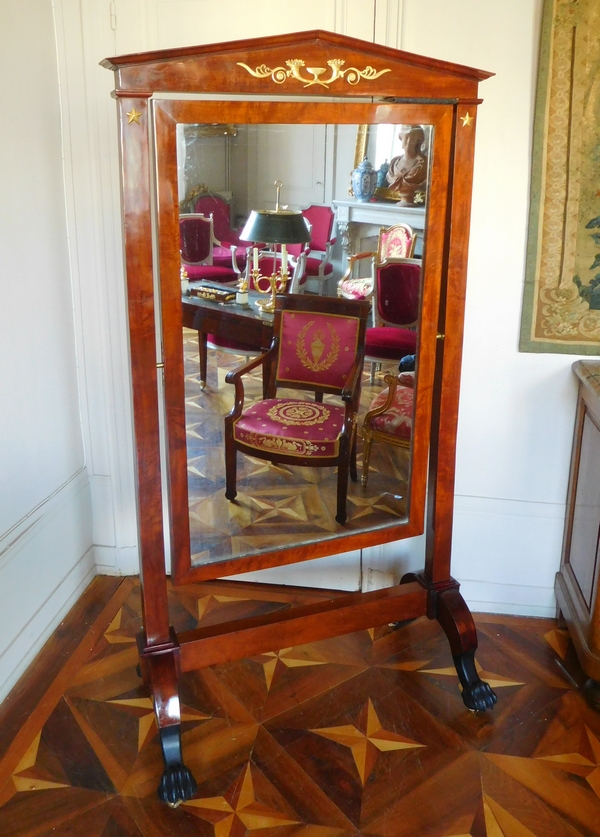 Détail — Miroir psyché en acajou et bronze doré, glace au mercure, époque Consulat - Retour d'Egypte