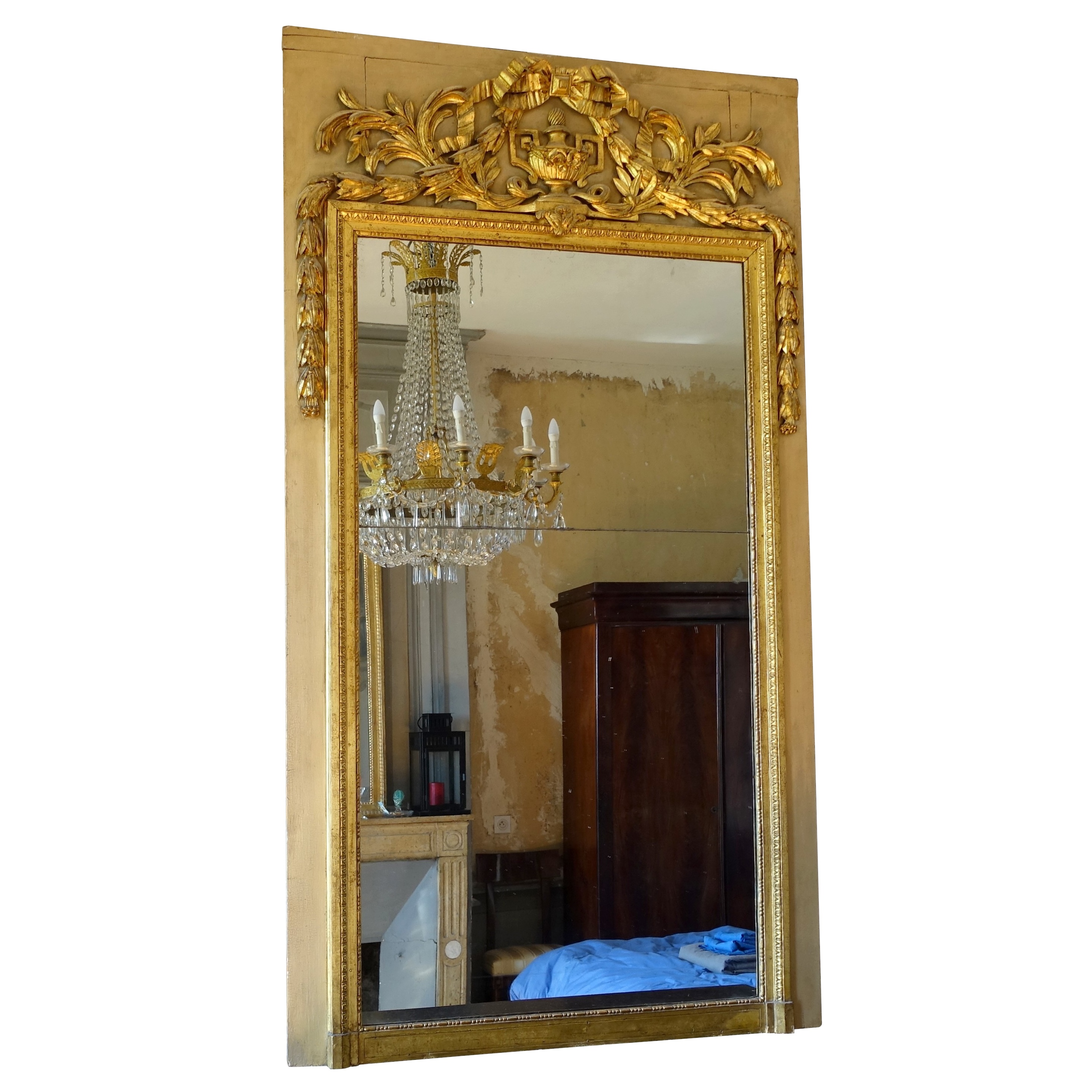 Trumeau, miroir de boiserie d'époque Louis XVI en bois laqué et doré, glace au mercure