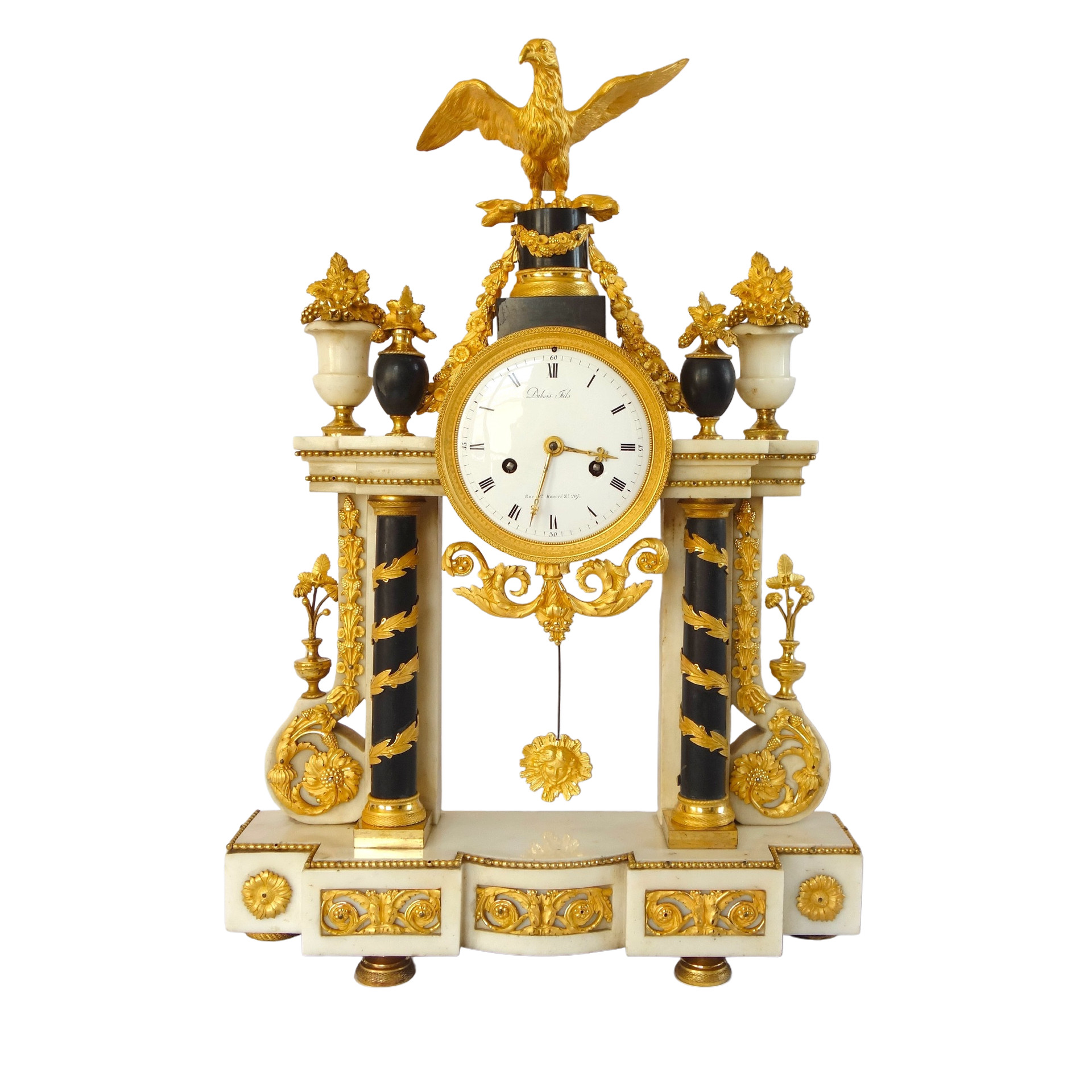 Pendule portique d'époque Louis XVI en bronze doré au mercure et marbre - 52cm