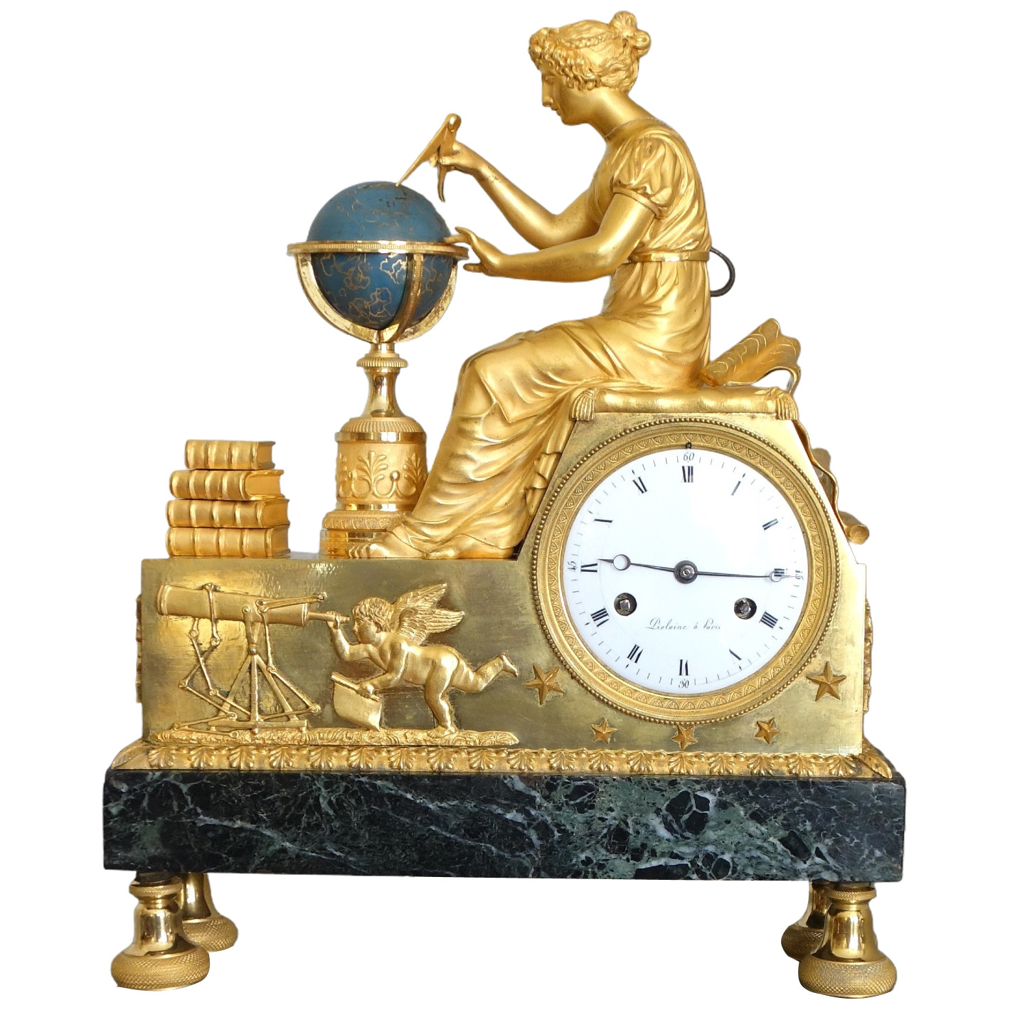 Claude Galle & Piolaine - pendule L'étude de l'Astronomie, bronze doré au mercure - époque Empire