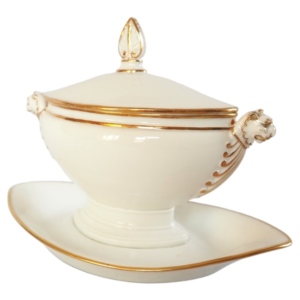 Nast : saucière d’époque Empire en porcelaine de Paris blanche et or