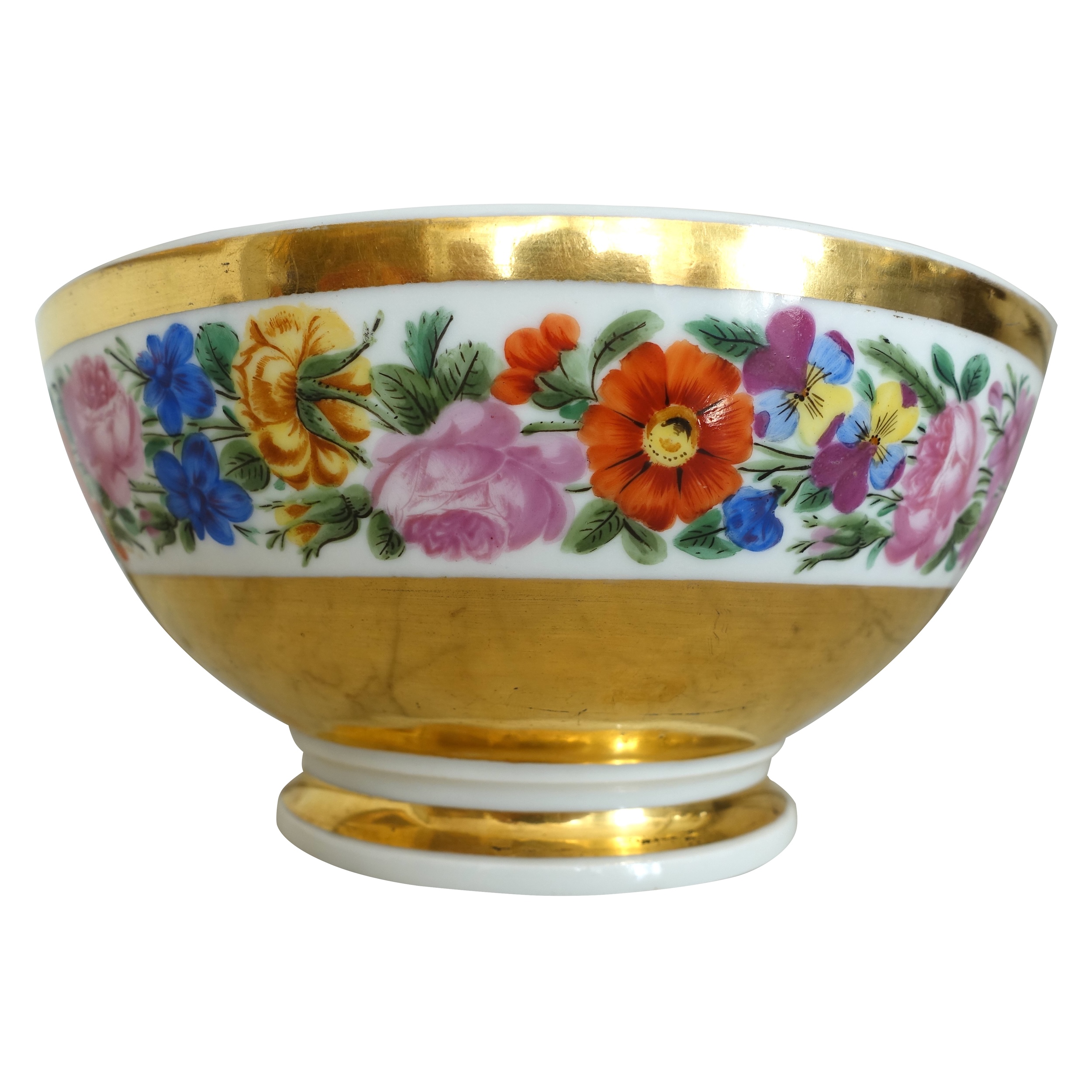 Bol à biscuits d'époque Charles X en porcelaine de Paris - décor floral et or - vers 1830