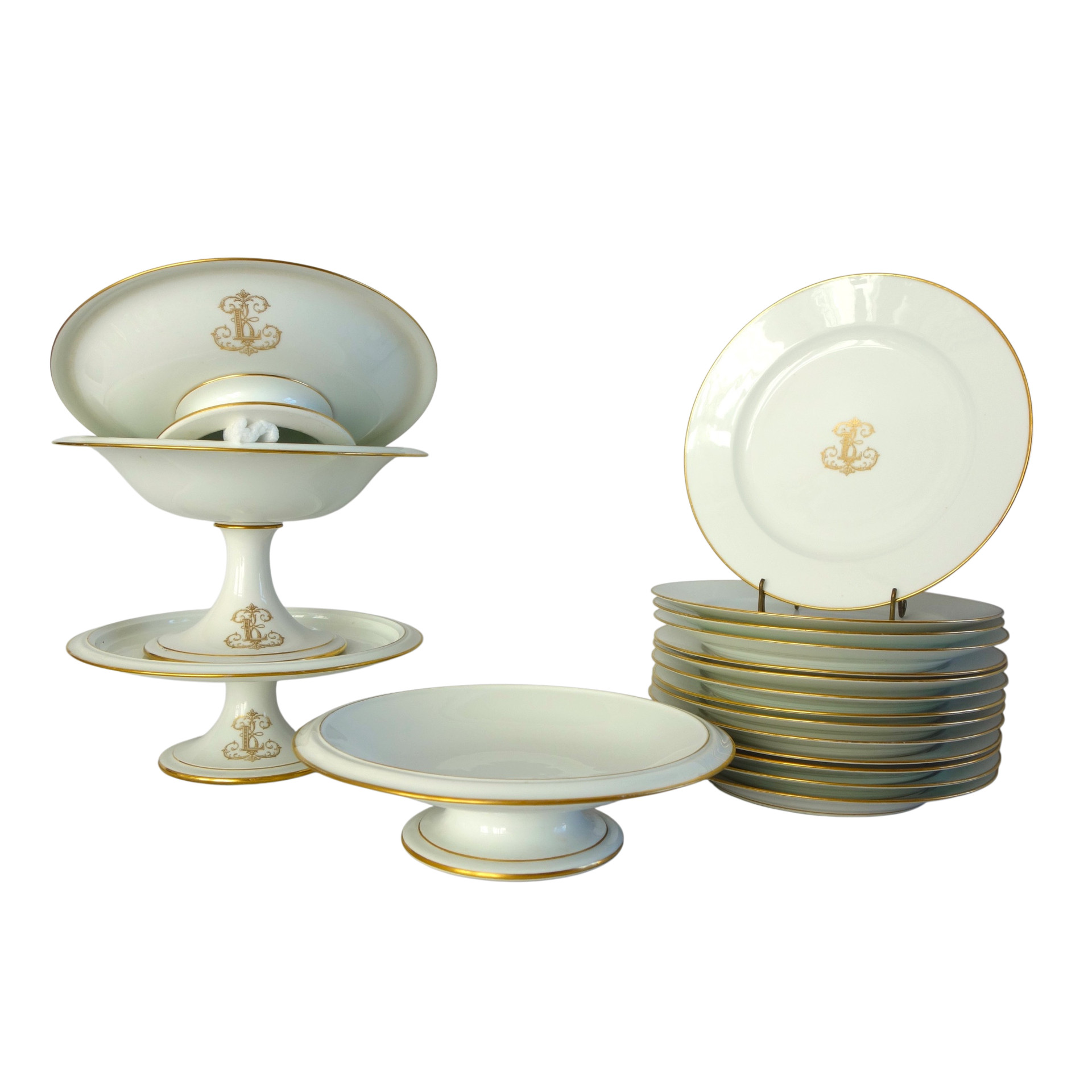 Sevres Manufacture : porcelain dessert set for 14, L monogram, Napoleon III period