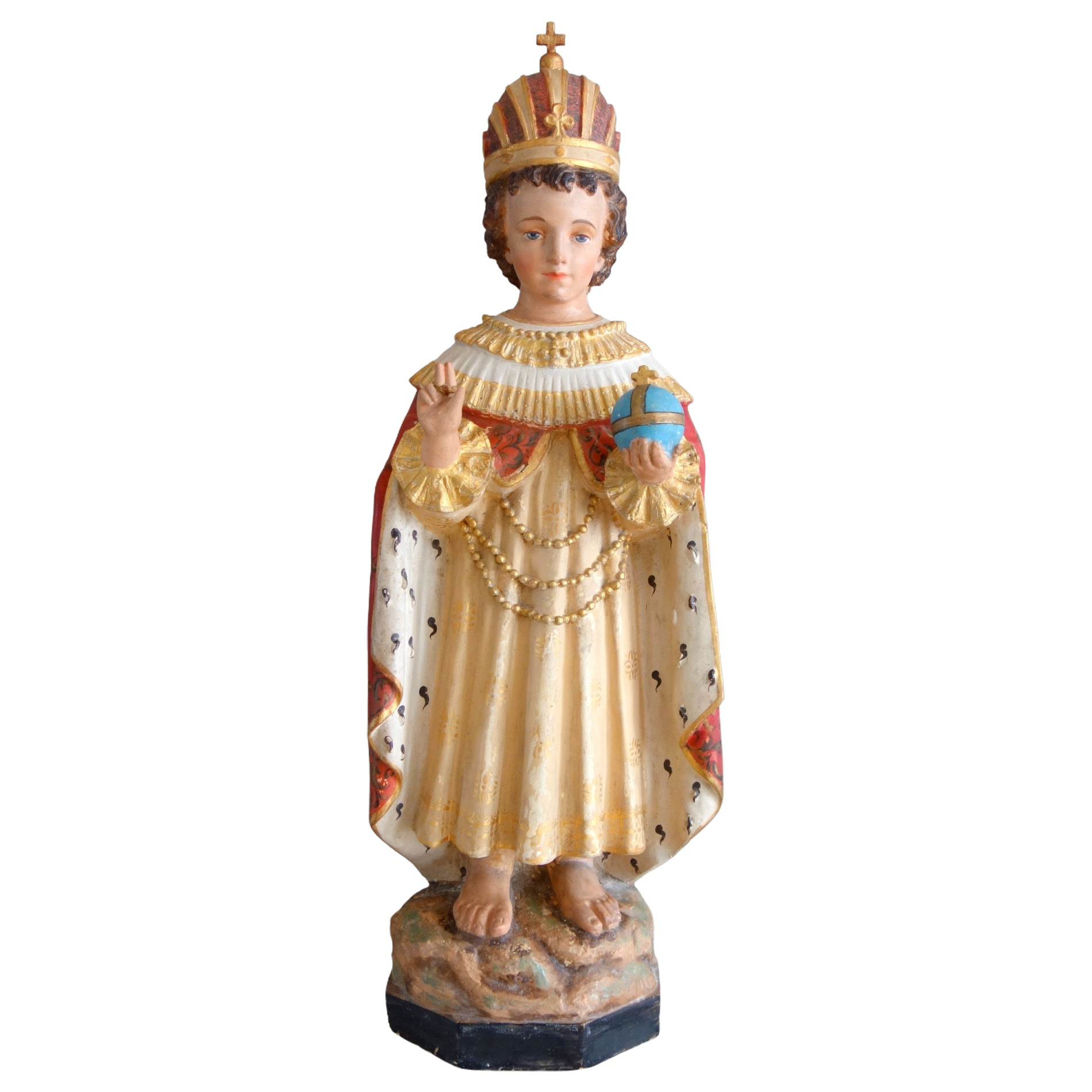 Grande statue de chapelle : l'Enfant Jésus de Prague, plâtre polychrome doré - XIXe siècle