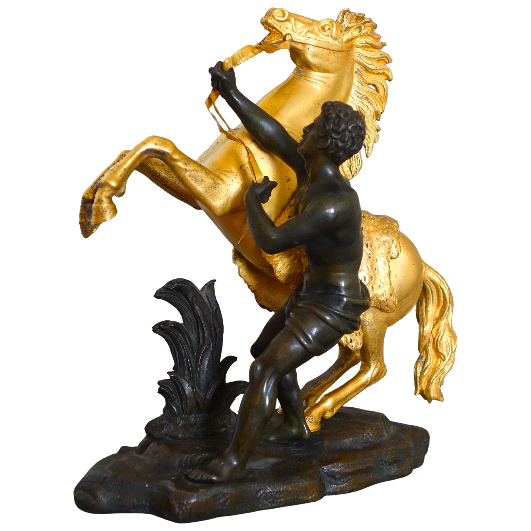 Cheval de Marly groupe en bronze patiné et doré au mercure d'après Coustou début XIXe siècle