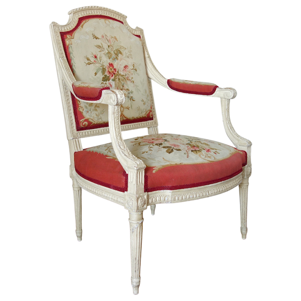 Claude Sené : fauteuil à la Reine d'époque Louis XVI estampillé, tapisserie de Beauvais & numéro d'inventaire