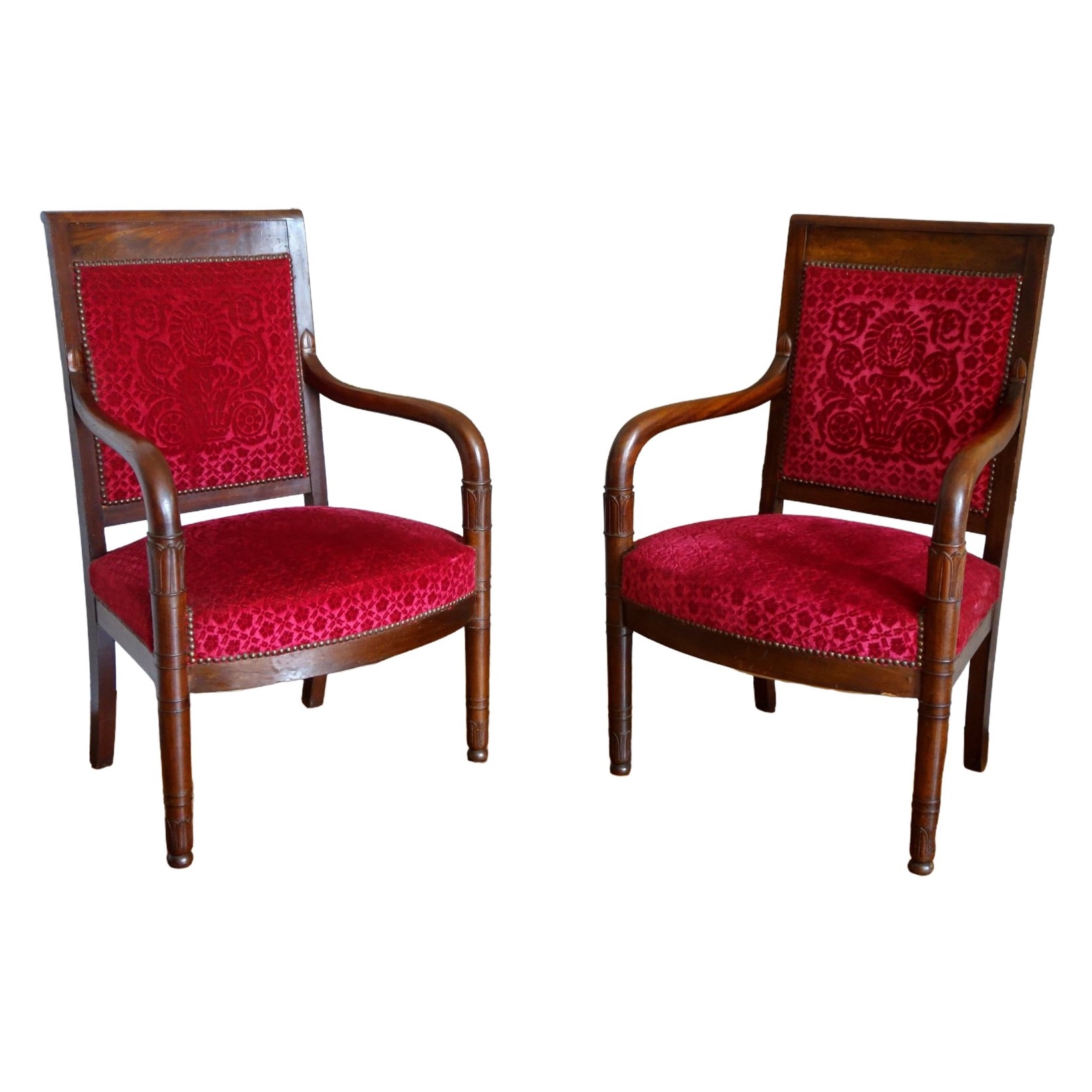 Paire de fauteuils d'époque Empire en acajou - velours frappé de la Manufacture Bonvallet