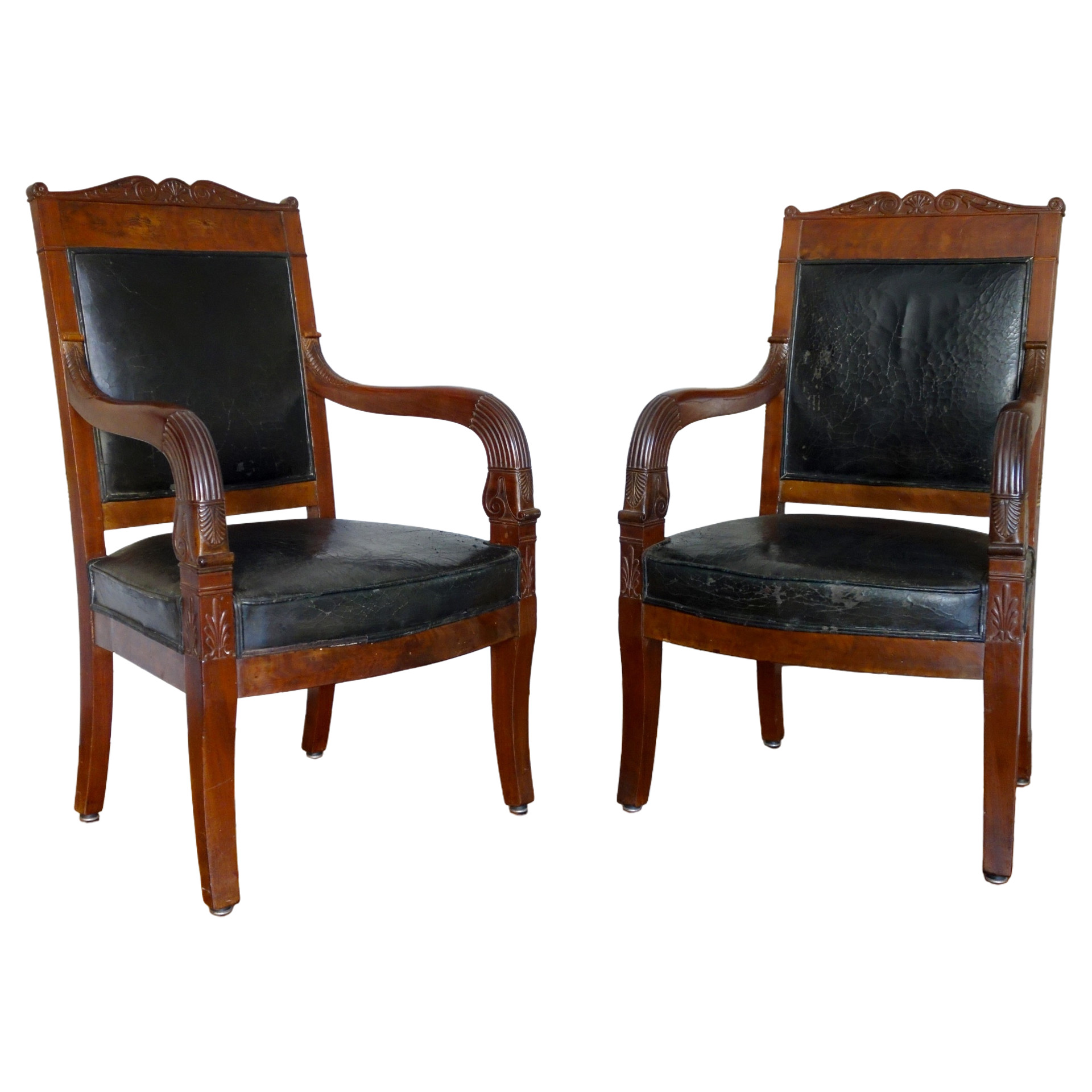Paire de fauteuils de cabinet ou de bureau en acajou et cuir - travail parisien d'époque Empire
