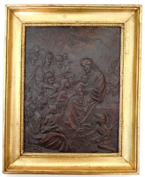 Détail — Tableau cuivre repoussé d'époque Restauration, Le Christ ''Laissez venir à moi les petits enfants''