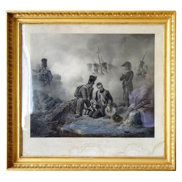 Grande gravure Empire par Vernet : le chien du régiment, cadre en bois doré