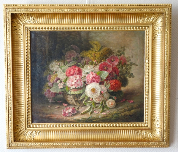 Détail — Grande huile sur toile, tableau de fleurs par Clément Gontier vers 1900 - 96,5cm x 77cm