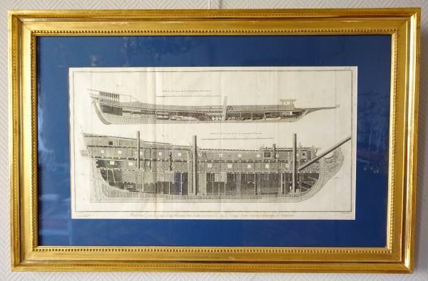 Détail — Gravure coupe de vaisseaux de la Marine Royale - planche de l'Encyclopédie XVIIIe - cadre en bois doré