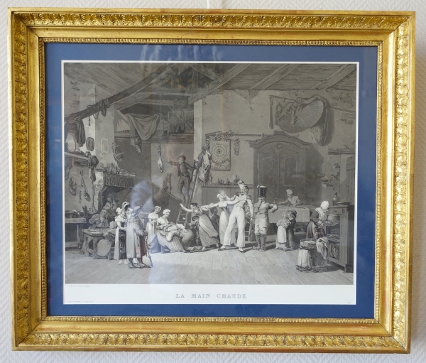 Détail — Paire de gravures Empire : La main chaude et Le Colin Maillard, cadres en bois doré 72,5cm x 62,5cm