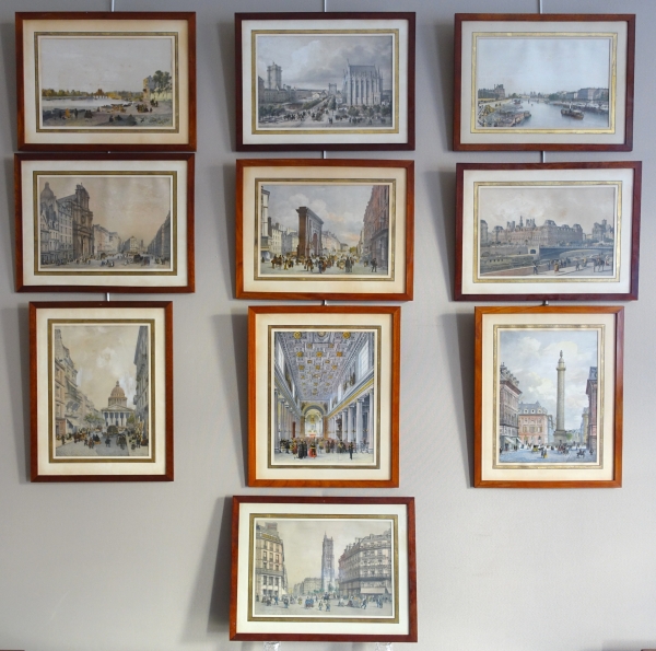 Détail — Les monuments de Paris : suite de 10 gravures colorisées d'époque Napoléon III - cadres en acajou