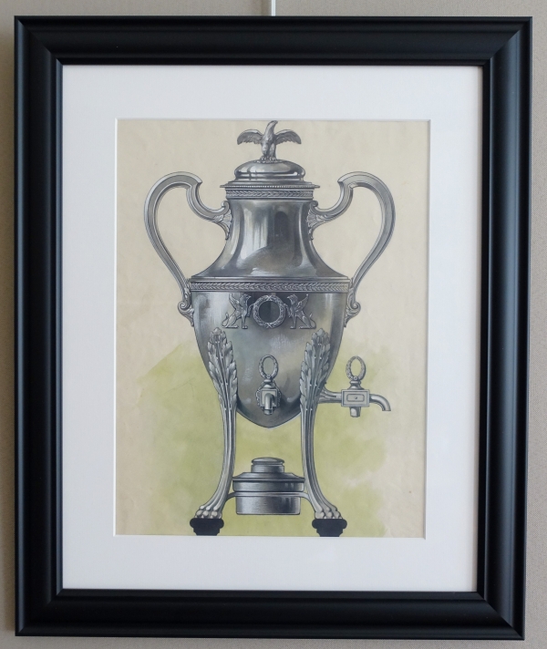 Détail — Gouache - dessin d'orfèvrerie : samovar de style Empire en argent encadré - 47,5cm x 58cm