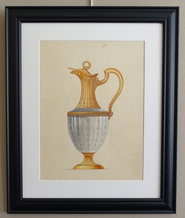 Détail — Gouache - dessin d'orfèvrerie : aiguière de style Empire en cristal et vermeil encadré - 47,5cm x 58cm