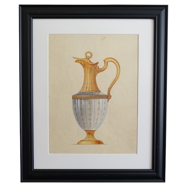 Gouache - dessin d'orfèvrerie : aiguière de style Empire en cristal et vermeil encadré - 47,5cm x 58cm