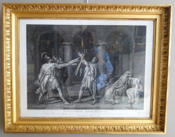 Détail — Gravure d'époque Empire : le serment des Horaces d'après l'oeuvre de David - cadre en bois doré