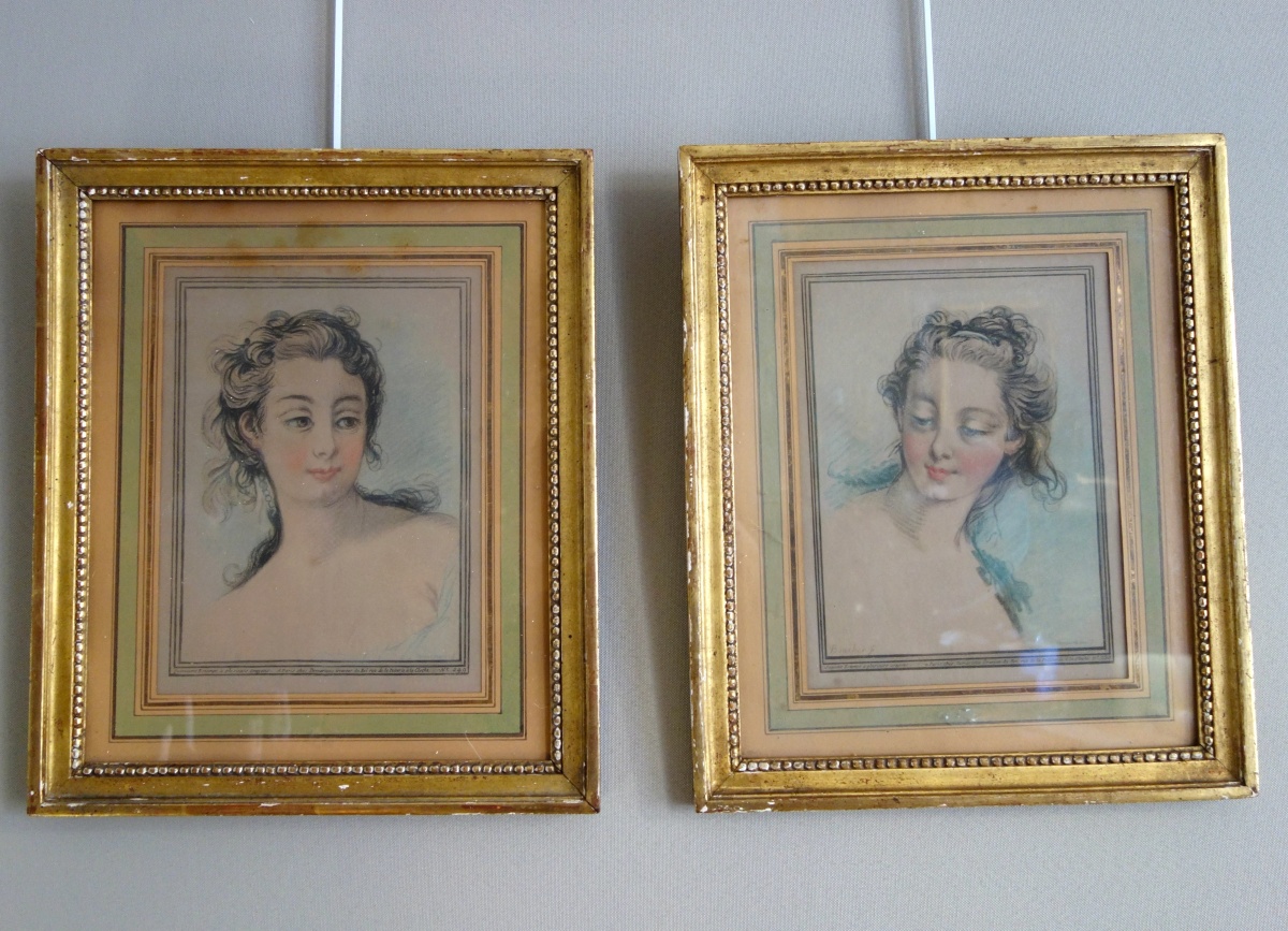 Détail — Demarteau d'après Boucher : paire de gravures à la manière du crayon - portraits de femmes XVIIIe