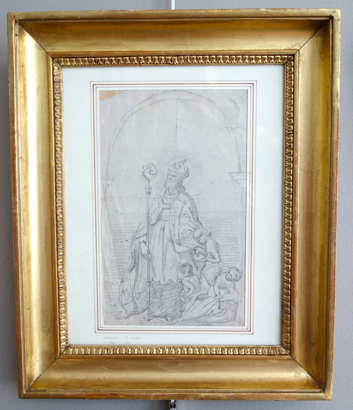 Détail — Saint Nicolas, dessin au crayon sur papier attribué à Tommaso Minardi - beau cadre en bois doré