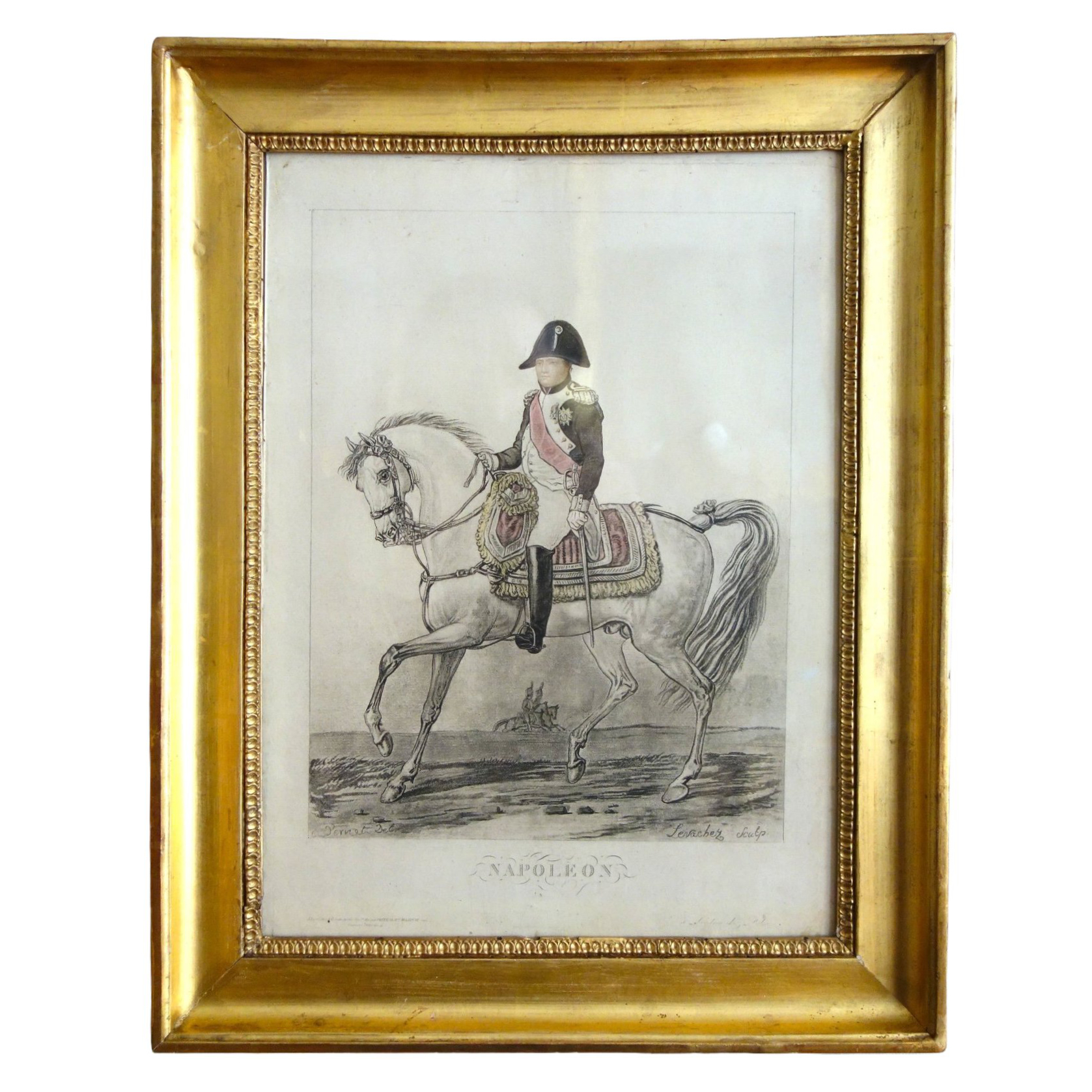 Napoléon à cheval, gravure colorisée d'après Carle Vernet - cadre en bois doré d'époque Empire
