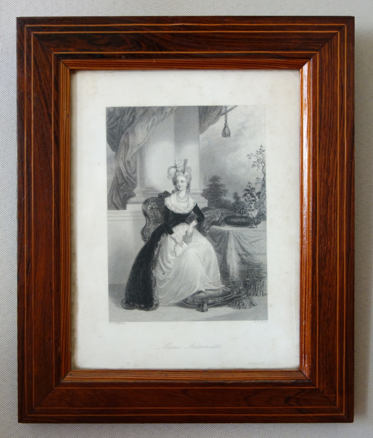 Détail — Gravure Royaliste - portrait de la Reine Marie Antoinette, cadre marqueterie d'époque Charles X