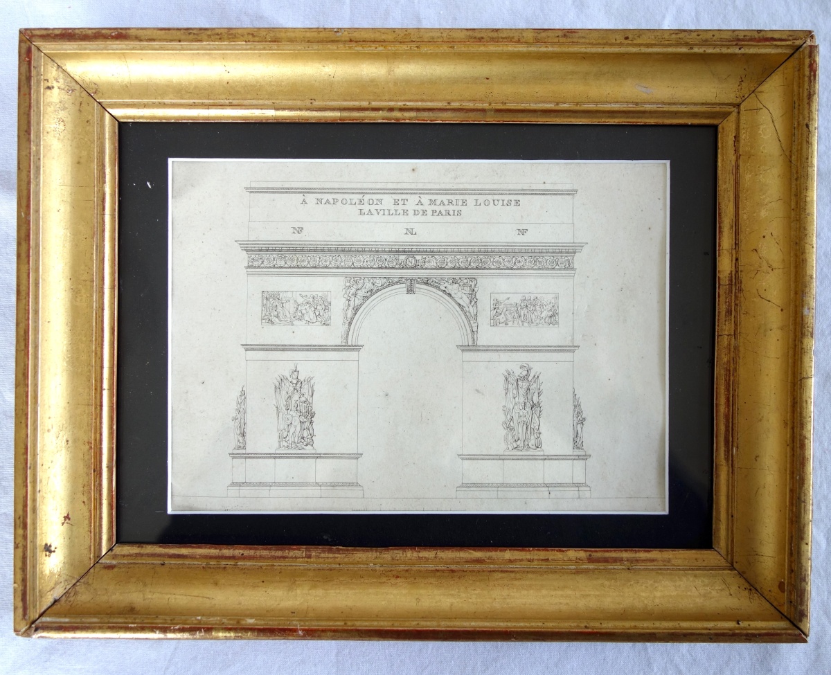 Détail — L'Arc de Triomphe de l'Etoile à Paris - projet d'architecture, gravure d'époque Empire