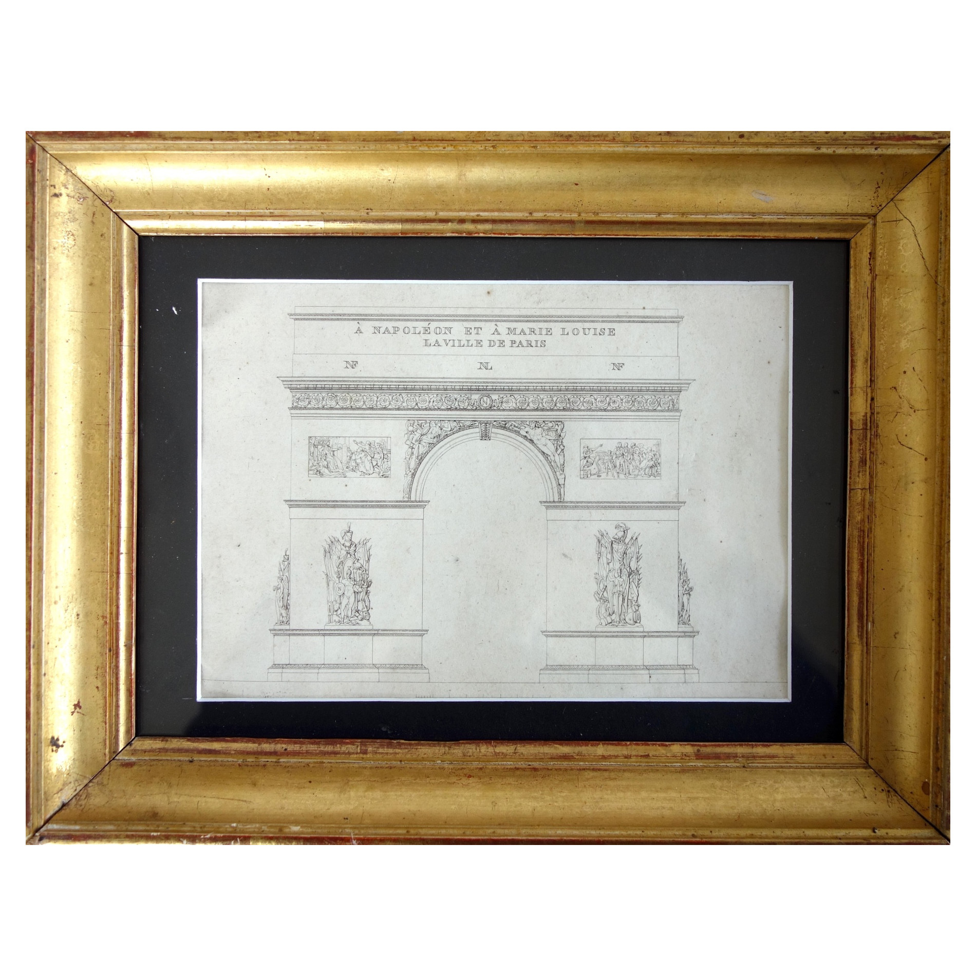 L'Arc de Triomphe de l'Etoile à Paris - projet d'architecture, gravure d'époque Empire